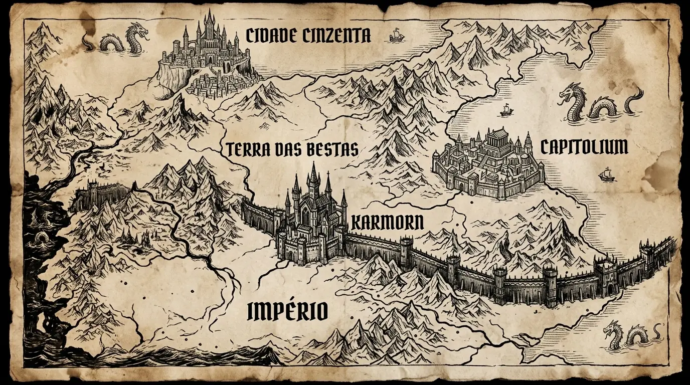 Mapa do continente das Crónicas do Trovão Carmesim, mostrando Capitolium, Cidade Cinzenta, KarMorn, Terra das Bestas e o Império