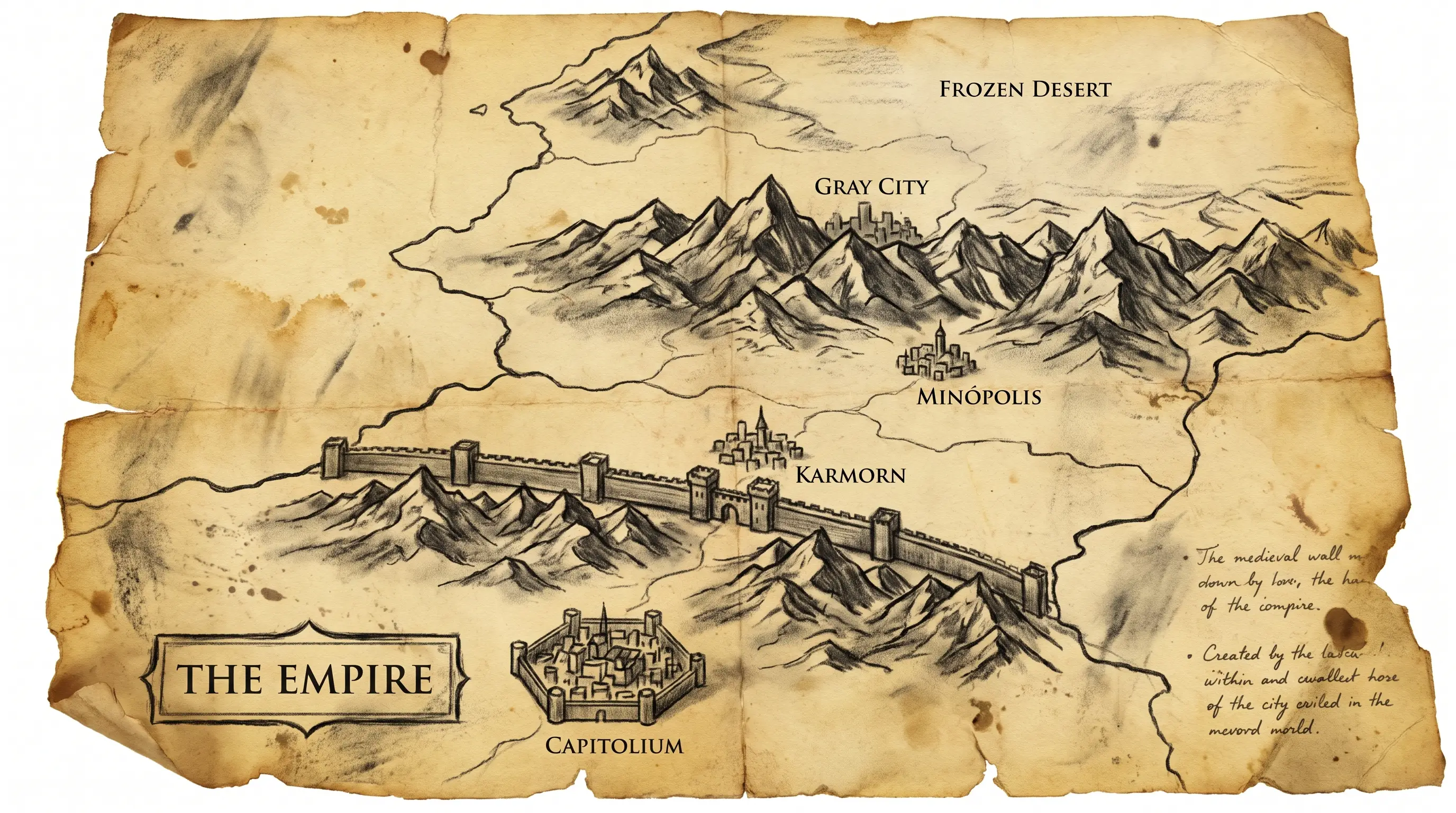 Mapa do continente das Crónicas do Trovão Carmesim, mostrando Capitolium, Cidade Cinzenta, KarMorn, Terra das Bestas e o Império
